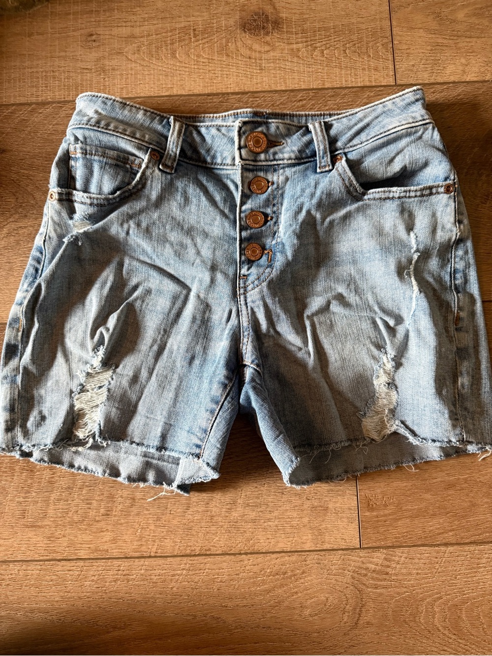 Maurices High Rise Light Blue Washed Distressed Denim Shorts